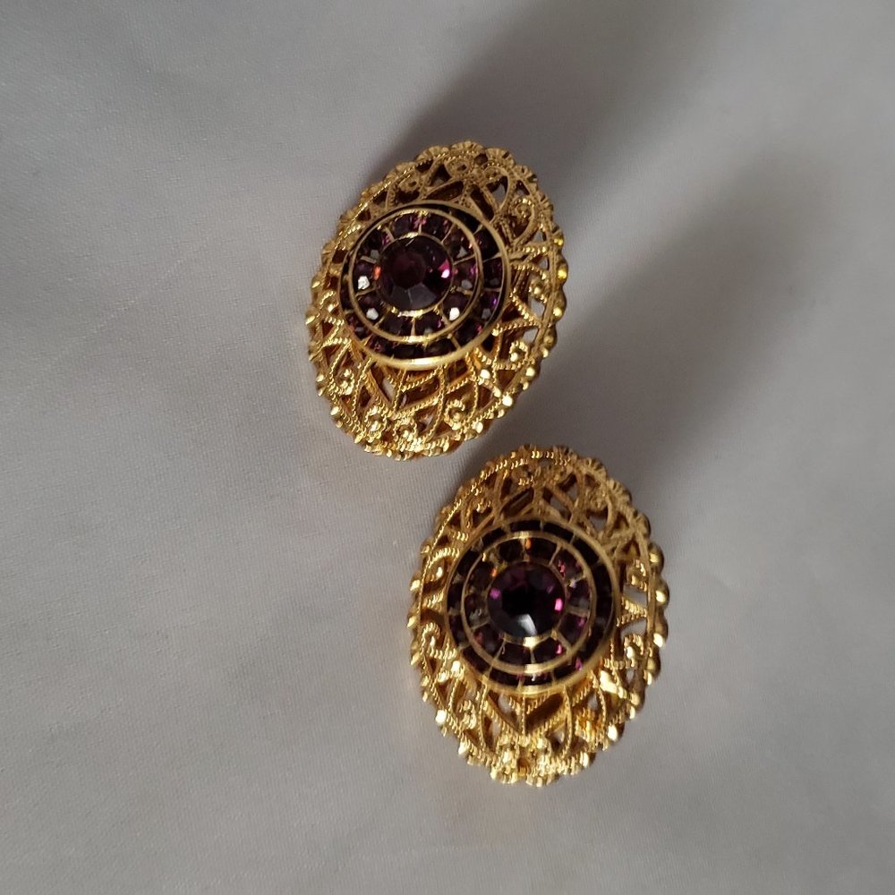 Gold Tone Filigree Clip On Earrings W/ Amethist